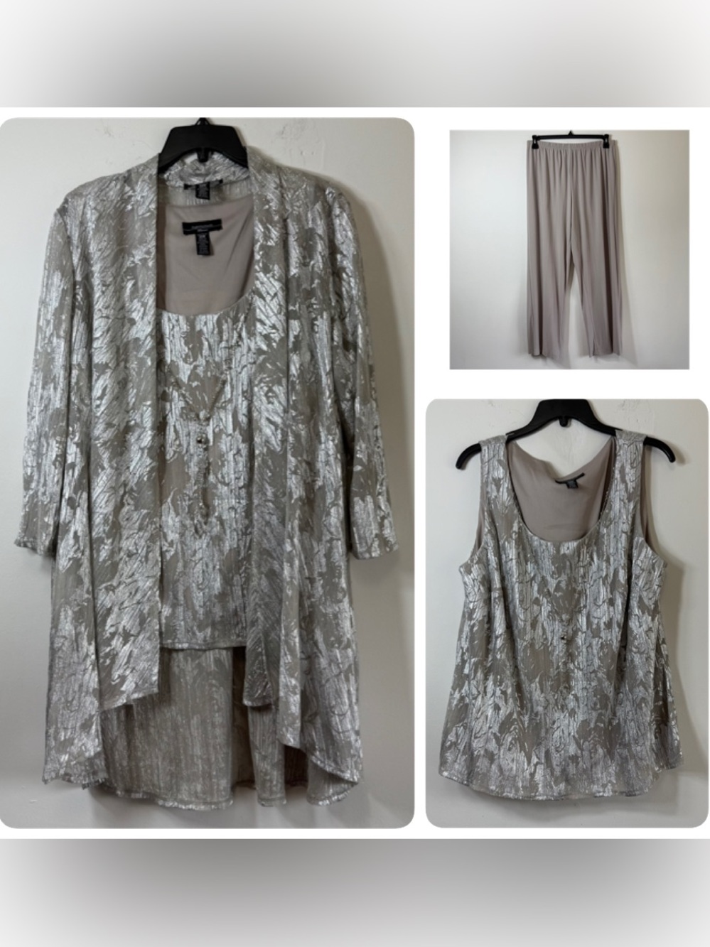 R&M Richards 14W Metallic Silver 3 Piece Pant Suit Formal Evening Y2K